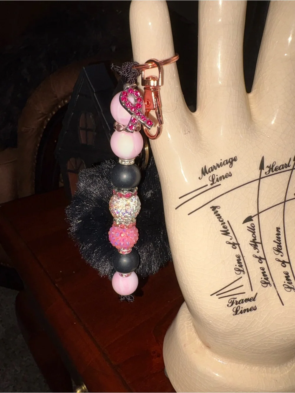 Breast cancer bag charm with black cat Pom